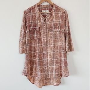 Crazy Train Plaid Bleach Splatter Button Front Shirt, M